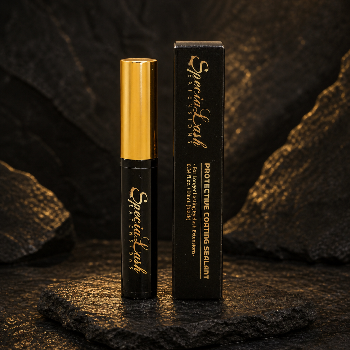 SpeciaLash svart sealant-gel 10 ml á svörtum hraungrunni